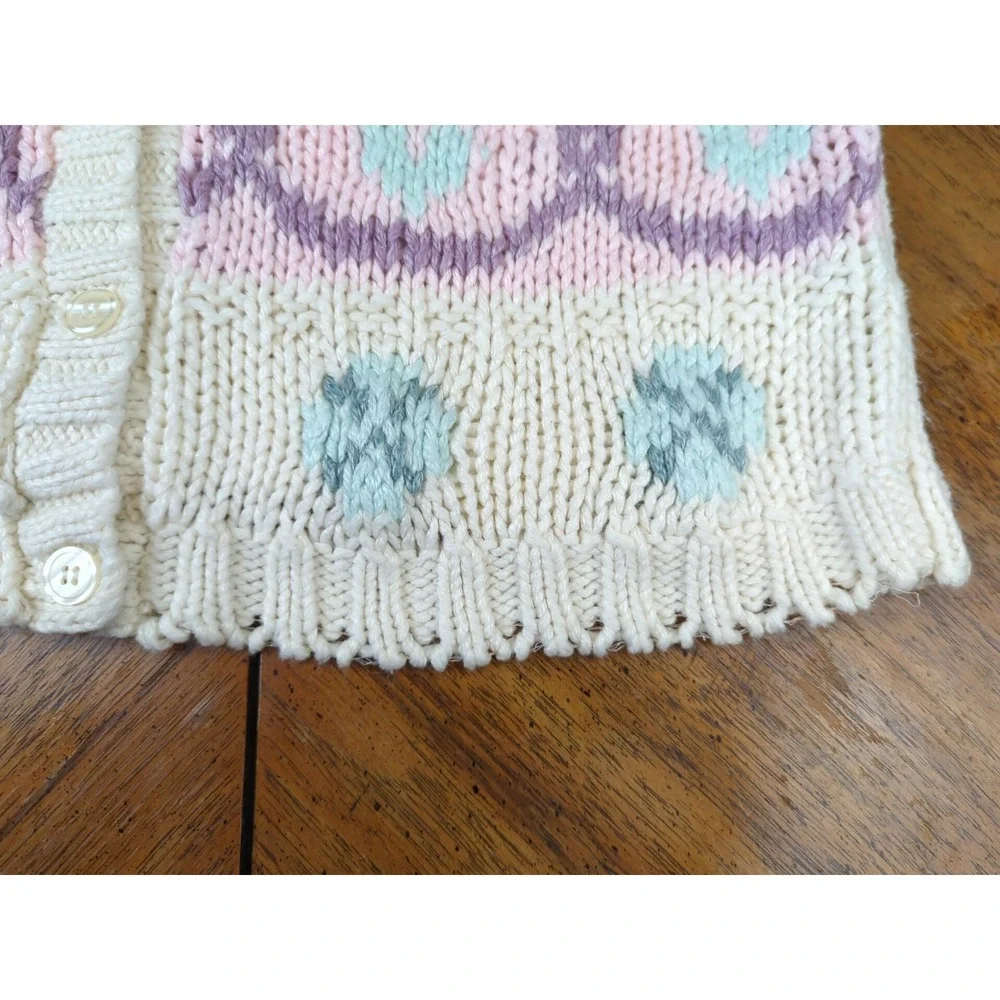 One Step Up Cardigan Sweater Sz MED Hand Knit Pastels Hearts Chunky Cable Knit - Picture 11 of 13